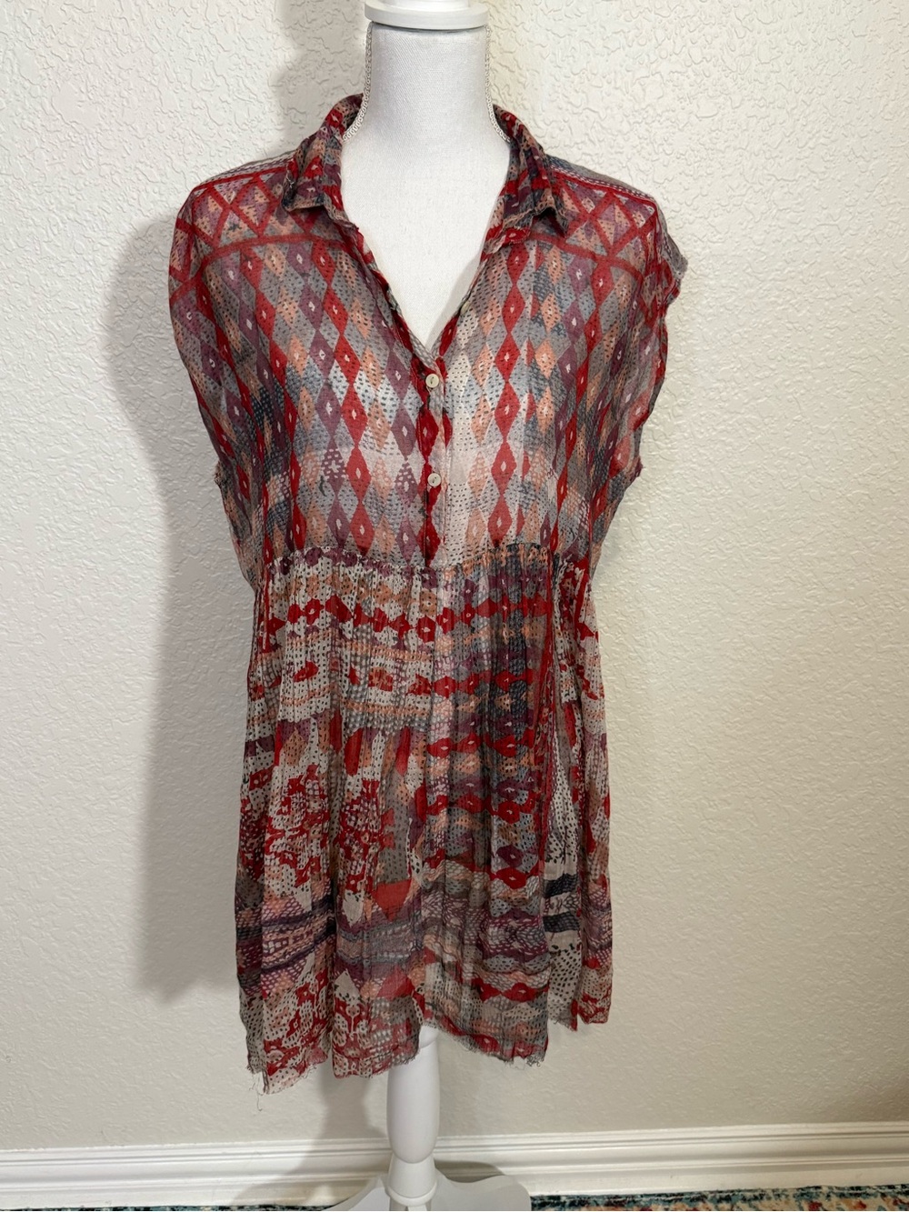 Red Patterned Sheer Button-Front Tunic Top